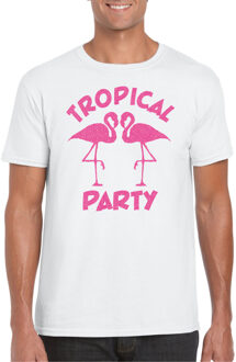 Bellatio Decorations Tropical party T-shirt heren - met glitters - wit/roze - carnaval/themafeest 2XL