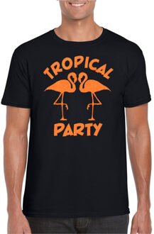 Bellatio Decorations Tropical party T-shirt heren - met glitters - zwart/oranje -carnaval/themafeest 2XL