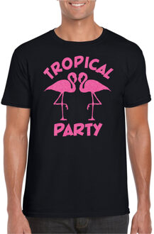 Bellatio Decorations Tropical party T-shirt heren - met glitters - zwart/roze -carnaval/themafeest 2XL