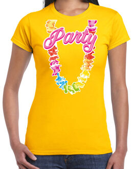 Bellatio Decorations Tropical party T-shirt voor dames - bloemenkrans - geel - carnaval/themafeest 2XL