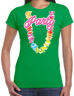 Bellatio Decorations Tropical party T-shirt voor dames - bloemenkrans - groen - carnaval/themafeest XS