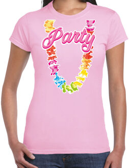 Bellatio Decorations Tropical party T-shirt voor dames - bloemenkrans - licht roze - carnaval/themafeest