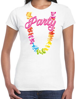 Bellatio Decorations Tropical party T-shirt voor dames - bloemenkrans - wit - carnaval/themafeest XS