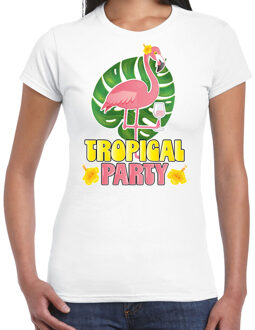 Bellatio Decorations Tropical party T-shirt voor dames - flamingo - wit - carnaval/themafeest 2XL