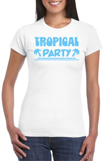 Bellatio Decorations Tropical party T-shirt voor dames - met glitters - wit/blauw - carnaval/themafeest S