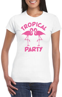 Bellatio Decorations Tropical party T-shirt voor dames - met glitters - wit/roze - carnaval/themafeest L