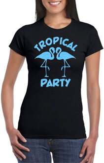 Bellatio Decorations Tropical party T-shirt voor dames - met glitters - zwart/blauw - carnaval/themafeest 2XL