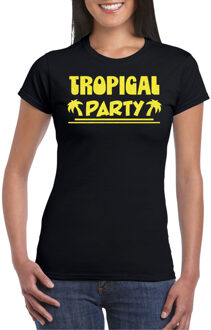 Bellatio Decorations Tropical party T-shirt voor dames - met glitters - zwart/geel - carnaval/themafeest L