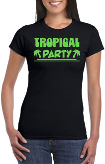Bellatio Decorations Tropical party T-shirt voor dames - met glitters - zwart/groen - carnaval/themafeest XL