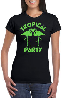 Bellatio Decorations Tropical party T-shirt voor dames - met glitters - zwart/groen - carnaval/themafeest