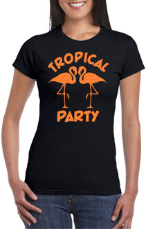 Bellatio Decorations Tropical party T-shirt voor dames - met glitters - zwart/oranje - carnaval/themafeest M