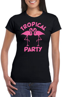 Bellatio Decorations Tropical party T-shirt voor dames - met glitters - zwart/roze - carnaval/themafeest 2XL