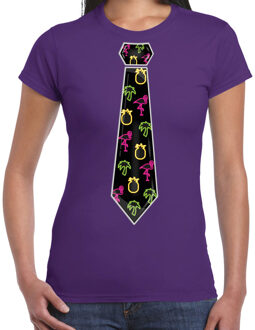 Bellatio Decorations Tropical party T-shirt voor dames - stropdas - paars - neon - carnaval - tropisch themafeest XL
