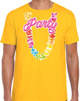 Bellatio Decorations Tropical party T-shirt voor heren - bloemenkrans - geel - carnaval/themafeest 2XL