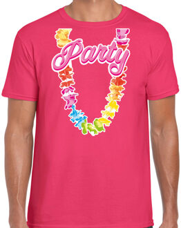 Bellatio Decorations Tropical party T-shirt voor heren - bloemenkrans - roze - carnaval/themafeest 2XL