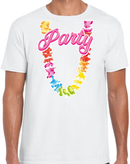 Bellatio Decorations Tropical party T-shirt voor heren - bloemenkrans - wit - carnaval/themafeest 2XL