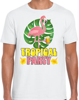 Bellatio Decorations Tropical party T-shirt voor heren - flamingo - wit - carnaval/themafeest 2XL