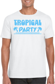 Bellatio Decorations Tropical party T-shirt voor heren - met glitters - wit/blauw - carnaval/themafeest Lichtblauw