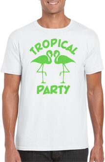 Bellatio Decorations Tropical party T-shirt voor heren - met glitters - wit/groen - carnaval/themafeest S