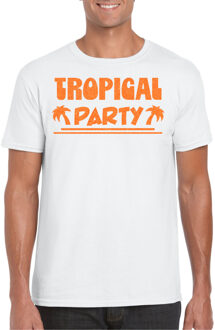 Bellatio Decorations Tropical party T-shirt voor heren - met glitters - wit/oranje - carnaval/themafeest 2XL