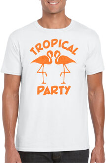 Bellatio Decorations Tropical party T-shirt voor heren - met glitters - wit/oranje - carnaval/themafeest S