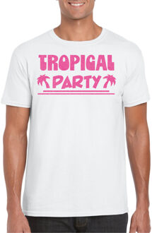 Bellatio Decorations Tropical party T-shirt voor heren - met glitters - wit/roze - carnaval/themafeest 2XL