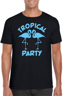 Bellatio Decorations Tropical party T-shirt voor heren - met glitters - zwart/blauw - carnaval/themafeest S