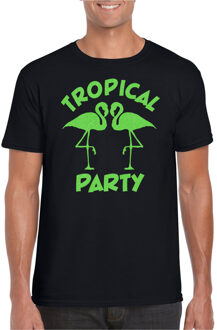 Bellatio Decorations Tropical party T-shirt voor heren - met glitters - zwart/groen - carnaval/themafeest M