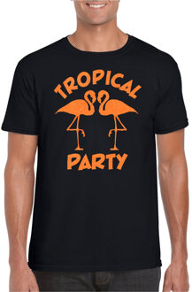 Bellatio Decorations Tropical party T-shirt voor heren - met glitters - zwart/oranje - carnaval/themafeest 2XL