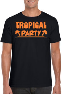 Bellatio Decorations Tropical party T-shirt voor heren - met glitters - zwart/oranje - carnaval/themafeest S