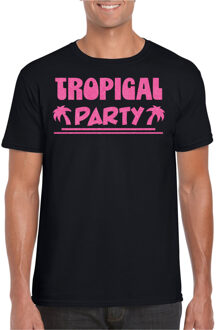 Bellatio Decorations Tropical party T-shirt voor heren - met glitters - zwart/roze - carnaval/themafeest