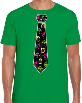 Bellatio Decorations Tropical party T-shirt voor heren - stropdas - groen - neon - carnaval - tropisch themafeest XS