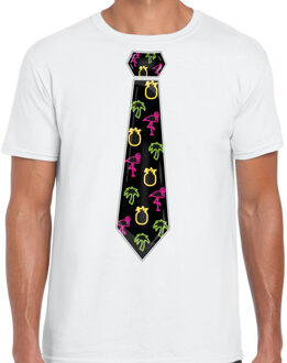 Bellatio Decorations Tropical party T-shirt voor heren - stropdas - wit - neon - carnaval - tropisch themafeest XS