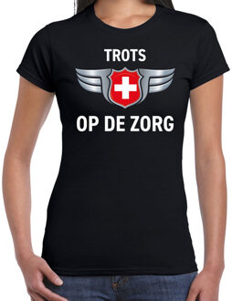 Bellatio Decorations Trots op de zorg zilveren schild t-shirt zwart voor dames 2XL