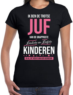 Bellatio Decorations Trotse juf cadeau t-shirt zwart voor dames - wit en roze letters - verjaardag / bedankje / kado shirts - cadeau voor juf / lerares / onderwijzeres 2XL