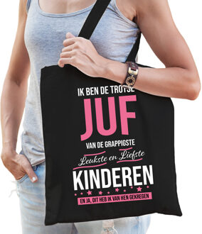 Bellatio Decorations Trotse juf cadeau tasje - zwart - voor dames - wit en roze letters - kado - bedankjes - voor lerares