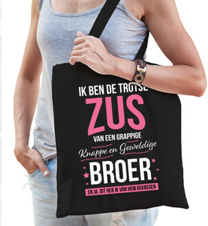 Bellatio Decorations Trotse zus - broer - cadeau - tasje - zwart - voor dames