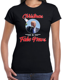 Bellatio Decorations Trump Christmas is fake news fout Kerstshirt zwart voor dames XS