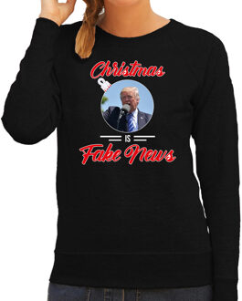 Bellatio Decorations Trump Christmas is fake news foute Kerst sweater / trui zwart voor dames 2XL - kerst truien