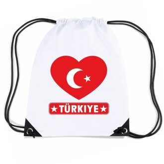 Bellatio Decorations Turkije nylon rijgkoord rugzak/ sporttas wit met Turkse vlag in hart