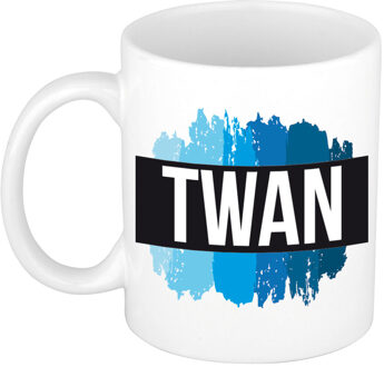 Bellatio Decorations Twan naam cadeau koffie mok - beker - met blauw verfstrepen - Cadeau collega - vaderdag