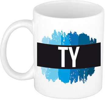 Bellatio Decorations Ty naam cadeau koffie mok - beker - met blauw verfstrepen - Cadeau collega - vaderdag