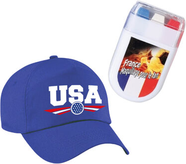 Bellatio Decorations USA / Amerika supporters set - baseballcap blauw - met vlag schminkstift - volwassenen - landen