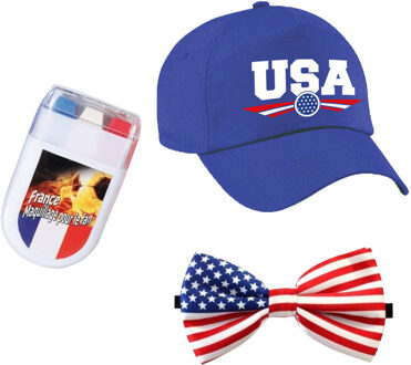 Bellatio Decorations USA / Amerika supporters set - baseballcap blauw - vlag schminkstift - strikje - volwassenen