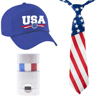 Bellatio Decorations USA / Amerika supporters set - baseballcap blauw - vlag schminkstift - stropdas - volwassenen