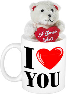 Bellatio Decorations Valentijn cadeau I Love You beker / mok 300 ml met beige knuffelbeertje met love hartje - feest mokken Multikleur