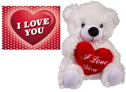 Bellatio Decorations Valentijnsdag cadeau - wit knuffel beertje met hartje - en valentijnskaart in A5 size