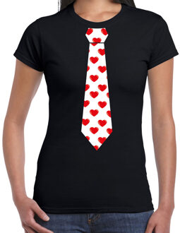 Bellatio Decorations Valentijnsdag stropdas t-shirt hartjes voor dames - zwart 2XL - Feestshirts