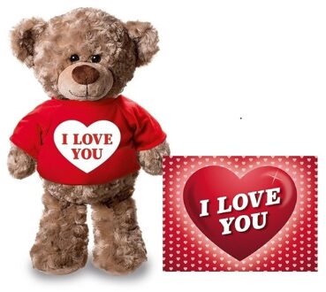 Bellatio Decorations Valentijnskaart en knuffelbeer 24 cm met I love you rood shirt - Knuffelberen Bruin