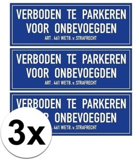Bellatio Decorations Verboden te parkeren voor onbevoegden sticker - 3x - 20 x 7 cm - parkeerverbod stickers - blauw